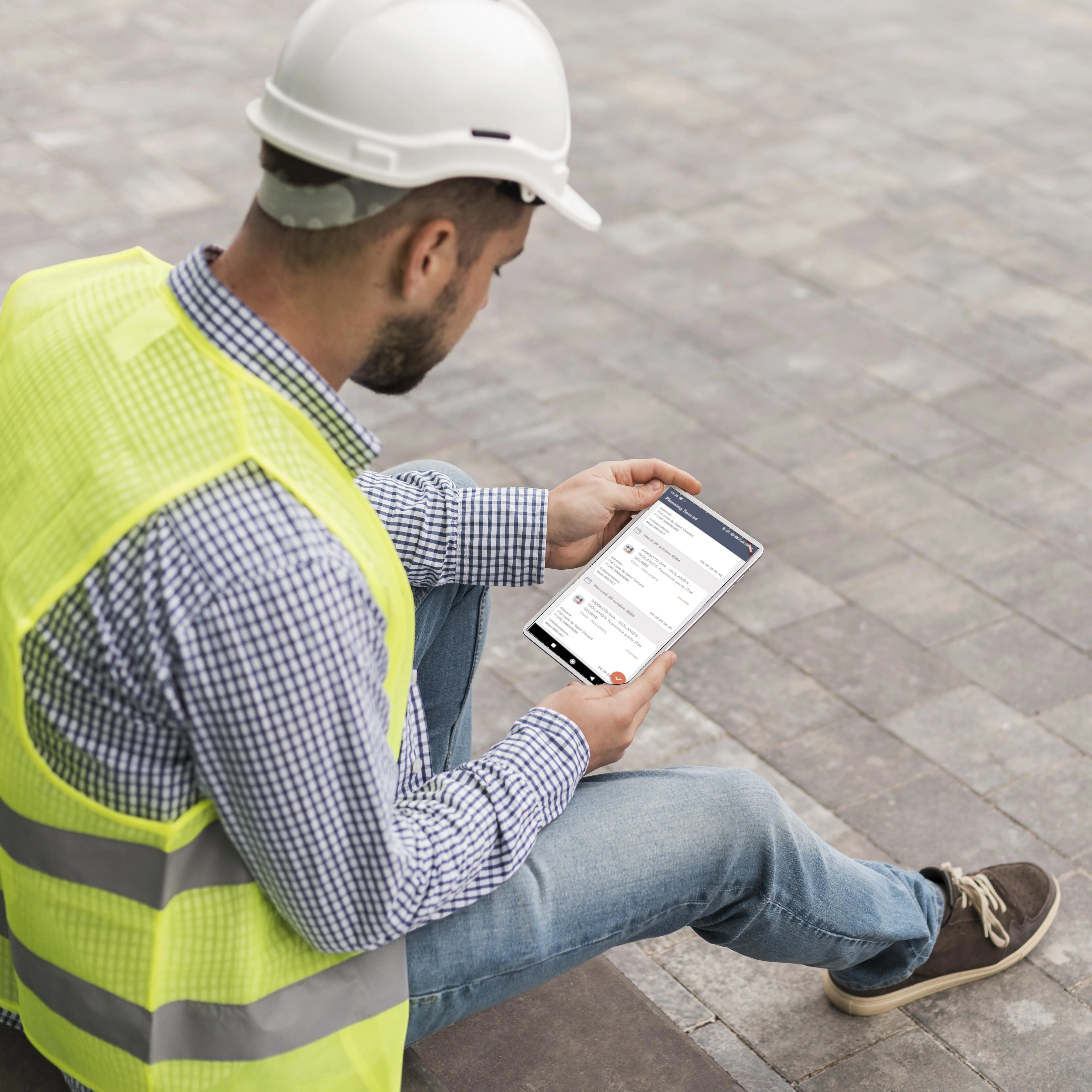 Homme de chantier avec tablette dans la main sur appli Silzéo
